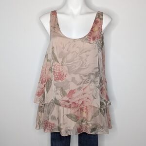 Baci Pink Floral Layered Scoop Neck Feminine Silk Tank Blouse L